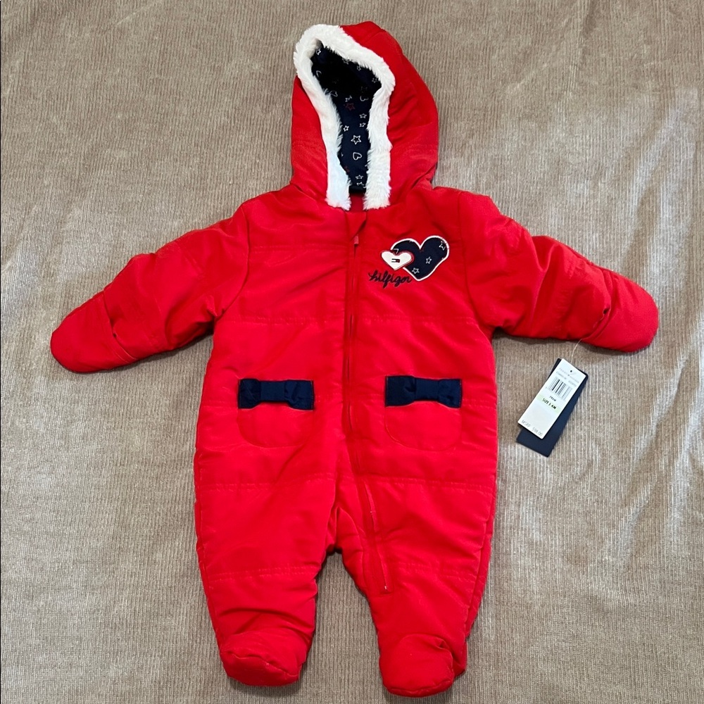 Tommy Hilfiger Red Hooded Baby Girl One-Piece with Navy Accents